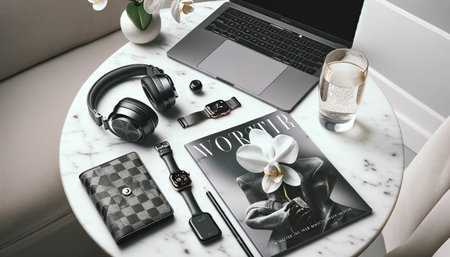This contemporary flat lay for Mother Day features stylish urban essentials like a high-end laptop, designer headphones, a smartwatch, and a chic wallet, complemented by fashion magazines, sparkling water, and an orchid on a marble surface.の素材
