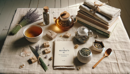 This minimalist flat lay for Mother Day features organic loose-leaf teas, a modern glass teapot, eco-friendly napkins, and wellness books, accented with dried lavender and chamomile on a linen tablecloth.の素材