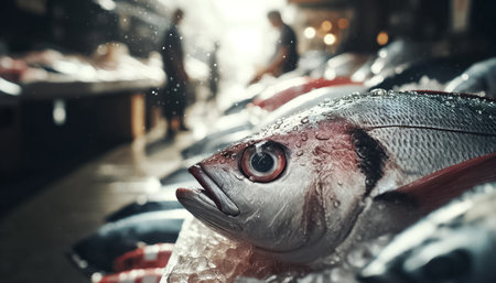 This photograph captures a single fish in extreme close-up at an outdoor fish market, where the ultra-bright lighting and minimal shadows showcase the intricate details and lustrous quality of the fish scales.の素材