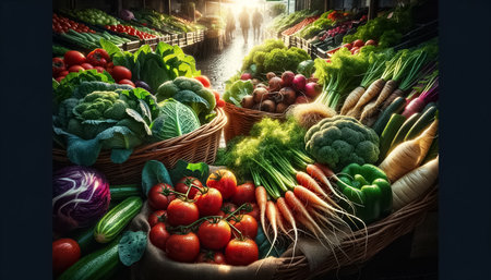 This close-up photograph highlights the natural beauty and vibrant colors of fruits at an outdoor market, enhanced by soft, even daylight. The absence of canopies allows a full view of the colorful display, emphasizing the freshness and appeal of the fruits.の素材