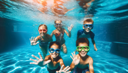 Five children are captured in a moment of delight underwater, wearing vibrant swim goggles. The clear blue pool enhances the playful scene as light streams through the water, highlighting their joyful expressions.の素材