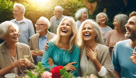Portrait of a vibrant group of seniors, aged 50-70, laughing and enjoying a lively garden party. The image captures their happiness and elegance, showcasing the beauty and vitality of older age in a sunlit, lush garden setting.の素材