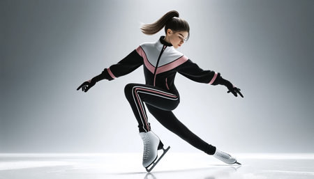 This image captures a talented ice skater in mid-performance, showcasing a graceful and artistic pose. The skaterâs outfit is sleek and modern, complementing the elegance and precision of the sport.の素材