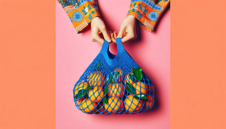 Vibrant photograph featuring hands in orange and white patterned sleeves holding an open blue net bag with fresh oranges spilling out. The pink background enhances the green leaves and the vivid oranges, creating a lively and playful scene.の素材
