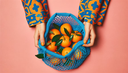 Vibrant photograph featuring hands in orange and white patterned sleeves holding an open blue net bag with fresh oranges spilling out. The pink background enhances the green leaves and the vivid oranges, creating a lively and playful scene.の素材