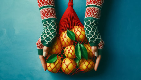 Colorful photograph featuring hands in green and white patterned sleeves holding a red net bag filled with bright, fresh lemons. The backdrop is a vivid blue, accentuating the green leaves and the brightness of the lemons.の素材