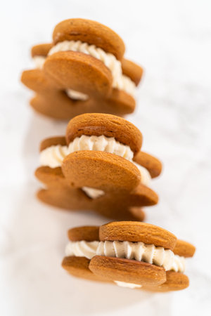 Gingerbread cookies filled with eggnog buttercream stand out, their rich hue complementing the...