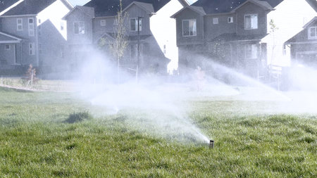A suburban neighborhood scene featuring automatic sprinklers watering a lush green lawn in front of modern homes. The sprinklers create a misty effect, emphasizing the freshness and care of the landscape.の写真素材