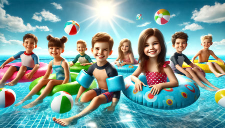 A group of children floating on colorful round floaties in a bright blue pool under a clear sky. The kids are smiling and enjoying the sunny day, with pool toys and water splashes around them.の素材