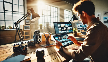 A man works on a tablet, surrounded by cameras, lenses, and memory cards on a wooden desk in a modern, brightly lit workspace. The room is evenly lit with artificial light, creating a well-lit atmosphere without direct sunlight. The scene is captured from different angles, including an overhead shot and a side angle, with the overall image much lighter.の素材