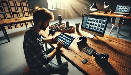 A man works on a tablet, surrounded by cameras, lenses, and memory cards on a wooden desk in a modern, brightly lit workspace. The room is evenly lit with artificial light, creating a well-lit atmosphere without direct sunlight. The scene is captured from different angles, including an overhead shot and a side angle, with the overall image much lighter.の素材