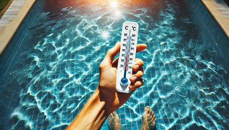 Hand holding a pool thermometer in a crystal-clear pool with a smooth, painted blue bottom reflecting sunlight.の素材