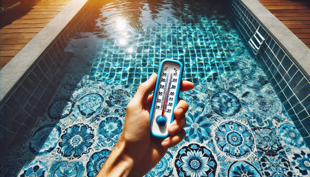 Hand holding a pool thermometer in a crystal-clear pool with a smooth, painted blue bottom reflecting sunlight.の素材