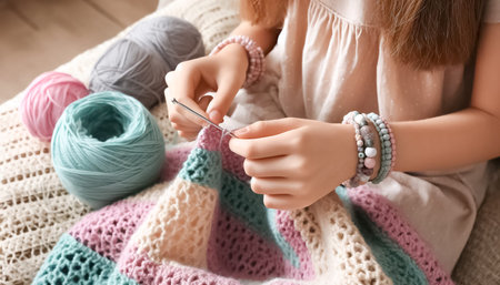 An angled perspective of a 10-year-old Caucasian girlâs hands as she crochets a pastel-colored blanket, adorned with handmade bead bracelets. The focus is on the yarn, crochet hook, and her colorful accessories, capturing a serene atmosphere.の素材