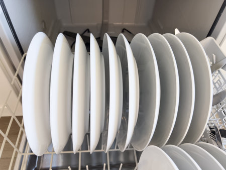 This image showcases a dishwasher filled with clean white dishes, neatly arranged in rows. Plates are stacked upright, while bowls are placed in the lower rack. The organized layout suggests efficiency and tidiness in kitchen management. The interior of the dishwasher is spotless, reflecting a well-maintained appliance ready for another cycle of cleaning.の写真素材