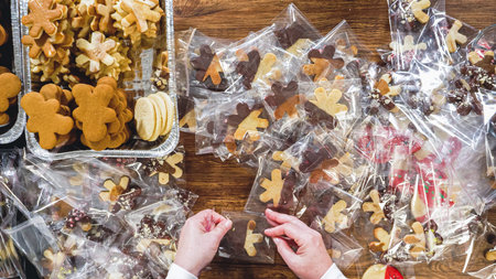 Flat lay. Carefully packaging Christmas cutout cookies, half-dipped in chocolate, sprinkled with...