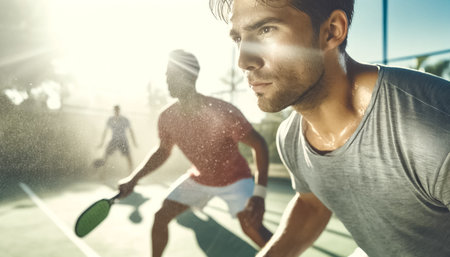 The intensity and focus of a pickleball match are illuminated by the setting sun, highlighting the energy and movement of the players in a competitive game.の素材