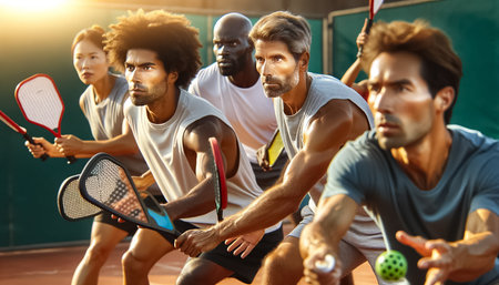 Intensity and focus are etched on the faces of a multicultural group of athletes, united by the thrill of pickleball competition under a setting sun.の素材