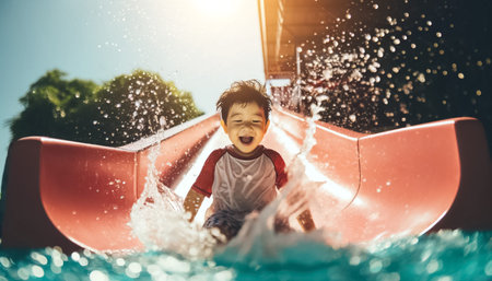 This close-up image beautifully captures a little boys elated expression as he slides down a light red water slide into a pool. The lively splashes surrounding him enhance the vibrant atmosphere of a sunny day, making it a memorable summer scene.の素材