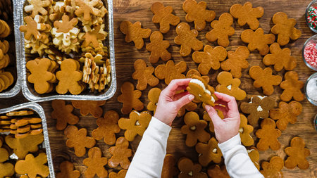 Flat lay. Crafting gingerbread cookie sandwiches with eggnog buttercream, presented on a rustic...