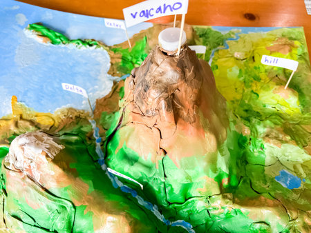 A creative school science project showcasing various landforms, including mountains, valleys,...