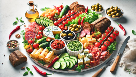 A slightly elevated side-top view of a Mediterranean charcuterie spread on a white background. The layout includes fresh vegetables, cheeses, cured meats, and crusty bread, arranged in a colorful and inviting display, perfect for gatherings and festive occasions.の素材