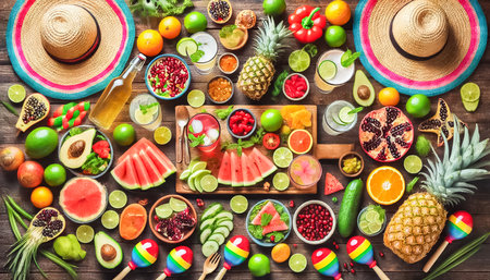 A lively, overhead view of a wooden table filled with fresh fruits, drinks, and garnishes. Sliced watermelon, pineapple, pomegranate, and citrus fruits are arranged alongside beverages, colorful maracas, and straw hats, creating a festive atmosphere.の素材