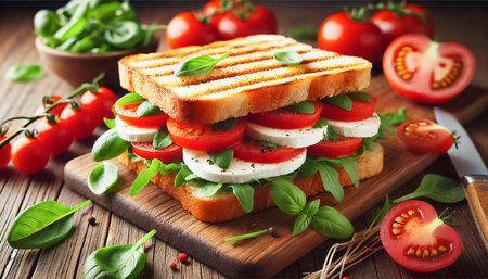 A beautifully crafted Caprese sandwich featuring ripe tomatoes, creamy mozzarella, and fresh arugula, layered on lightly toasted bread. The sandwich is presented on a white plate, garnished with vibrant basil leaves and surrounded by cherry tomatoes, creating a visually appealing and appetizing scene.の素材