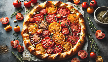 These images showcase a beautifully crafted puff pastry tart, topped with an array of vibrant heirloom and cherry tomatoes, roasted to perfection. Crumbled feta and fresh thyme add layers of flavor and texture to the golden, flaky crust.の素材
