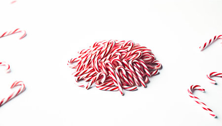 A small pile of neatly rearranged red and white striped candy canes viewed from a slightly elevated angle on a plain white background. This organized heap highlights the candy canes colorful and festive appearance while maintaining a playful and casual feel.の素材