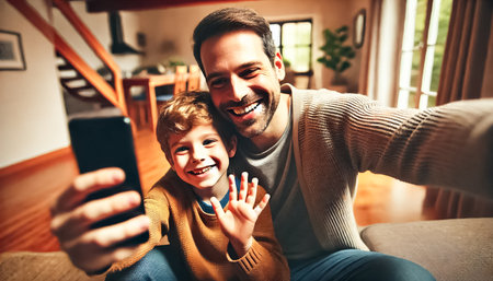 Both images show a father and son smiling and waving at a phone, seen from an above and behind perspective. Their joyful expressions and the cozy home setting, enhanced by natural light, emphasize their connection and warmth.の素材