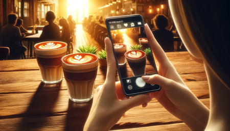 A woman expertly photographs three colorful lattes on a smartphone, the scene bathed in vibrant morning light that enhances the rich hues of the coffee and the welcoming atmosphere of the cafe.の素材