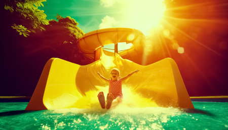This close-up photograph captures the beaming joy of a little girl sliding down a yellow water slide under bright daylight. Her face, lit by natural sunlight, radiates excitement amidst the splashes of water.の素材