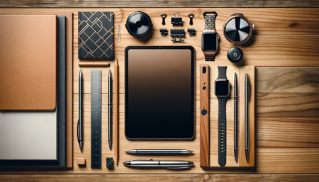An array of tech gadgets and classic writing tools, neatly arranged on a polished wooden surface, blend the digital and analog for optimal workflow efficiency.の素材