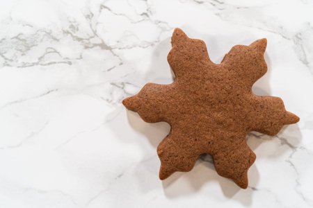 Overhead view of a single Chocolate Ginger Sugar Cookie in a snowflake shape placed on a marble surface, showcasing its crisp edges and deep chocolate color.の写真素材