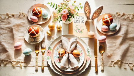 These images show a bright, welcoming Easter brunch table set for a small family. Floral plates, golden cutlery, bunny-ear napkins, and pastel eggs create a soft, cheerful ambiance. Hot cross buns and a delicate bouquet of spring flowers enhance the light and cozy atmosphere, perfect for a relaxed Easter celebration.の素材