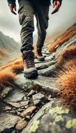 The worn hiking boots carefully step over sharp, uneven rocks along a rugged mountain trail. Autumn-colored grass lines the path as misty peaks loom in the distance, creating an adventurous and challenging atmosphere.の素材