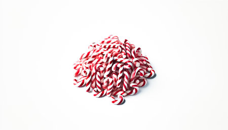 A small pile of neatly rearranged red and white striped candy canes viewed from a slightly elevated angle on a plain white background. This organized heap highlights the candy canes colorful and festive appearance while maintaining a playful and casual feel.の素材