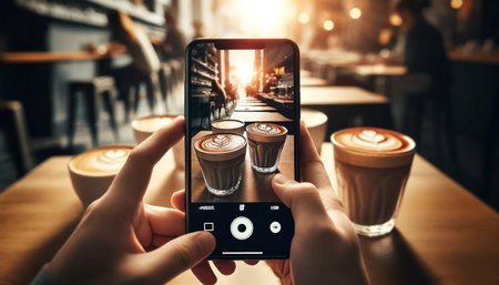 A cascade of sunlight floods the cafe, where a person uses their smartphone to photograph a wooden tray with three elegant lattes, the background a soft blur of cafe patrons.の素材