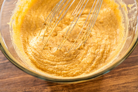 In a glass mixing bowl, a large hand whisk expertly blends the ingredients for a delectable bundt...