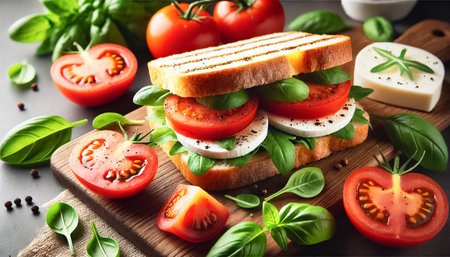 A beautifully crafted Caprese sandwich featuring ripe tomatoes, creamy mozzarella, and fresh arugula, layered on lightly toasted bread. The sandwich is presented on a white plate, garnished with vibrant basil leaves and surrounded by cherry tomatoes, creating a visually appealing and appetizing scene.の素材