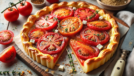 These images showcase a beautifully sliced tomato tart, featuring a golden, flaky puff pastry crust topped with vibrant roasted heirloom tomatoes. The tart is sliced into neat portions, revealing the buttery layers of pastry and juicy, slightly charred tomatoes. Crumbled feta and fresh thyme sprigs add texture and color to this rustic dish.の素材