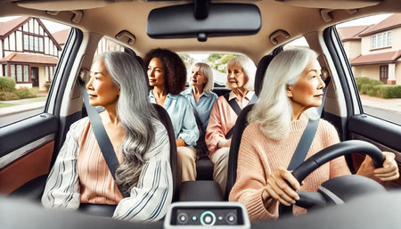 The images showcase multiracial elderly women driving a modern car, viewed from the backseat. The women, with diverse skin tones and hair types, are focused on the road as they navigate through a tree-lined suburban neighborhood with well-maintained houses.の素材