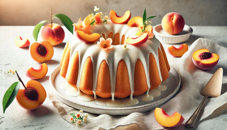 A beautifully presented bundt cake topped with a smooth vanilla glaze, set on a white plate. Surrounded by vibrant peach slices and small orange flowers, the cakes golden-brown crust contrasts with the creamy glaze that drips down the sides. The scene is complemented by a rustic cake server and soft natural light, evoking a warm, inviting atmosphere perfect for a summer treat.の素材