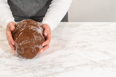 Front view of four discs of Chocolate Ginger Sugar Cookie Dough, each wrapped in plastic and stacked...