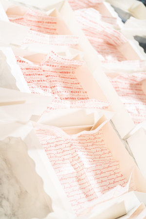 Captured from a close-up perspective, empty holiday cookie gift boxes are lined with decorative...