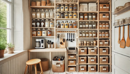 This pantry features woven baskets on the bottom shelves and a shelf above with neatly arranged electric kitchen tools. The upper shelves hold labeled jars of spices and ingredients, organized in a minimalist design with light wood shelving and white walls for practical, efficient kitchen storage.の素材