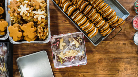 Flat lay. Lovingly homemade gingerbread and sugar cookies, half-dipped in rich chocolate, nestled in...