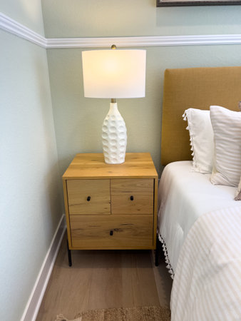 Stylish corner of a bedroom featuring a light wood nightstand with black hardware, topped with a...