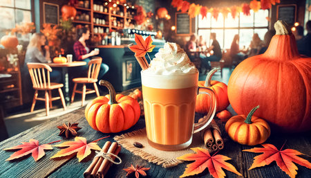 A pumpkin spice latte topped with whipped cream sits on a table in a busy coffee shop. Vibrant autumn leaves and pumpkins add to the lively seasonal decor.の素材